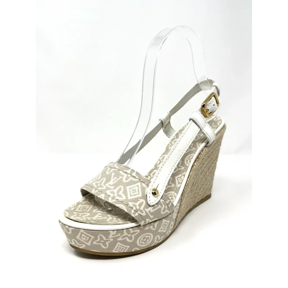 Louis Vuitton Beige Denim Logo Monogram Flat Platform Espadrilles Sandals 37.5